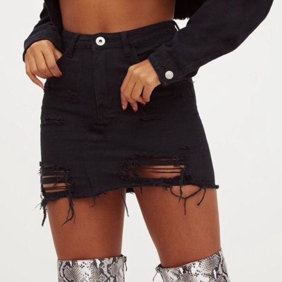 PacSun Dresses & Skirts - Signature Eight • Black Denim Distressed Mini Skirt